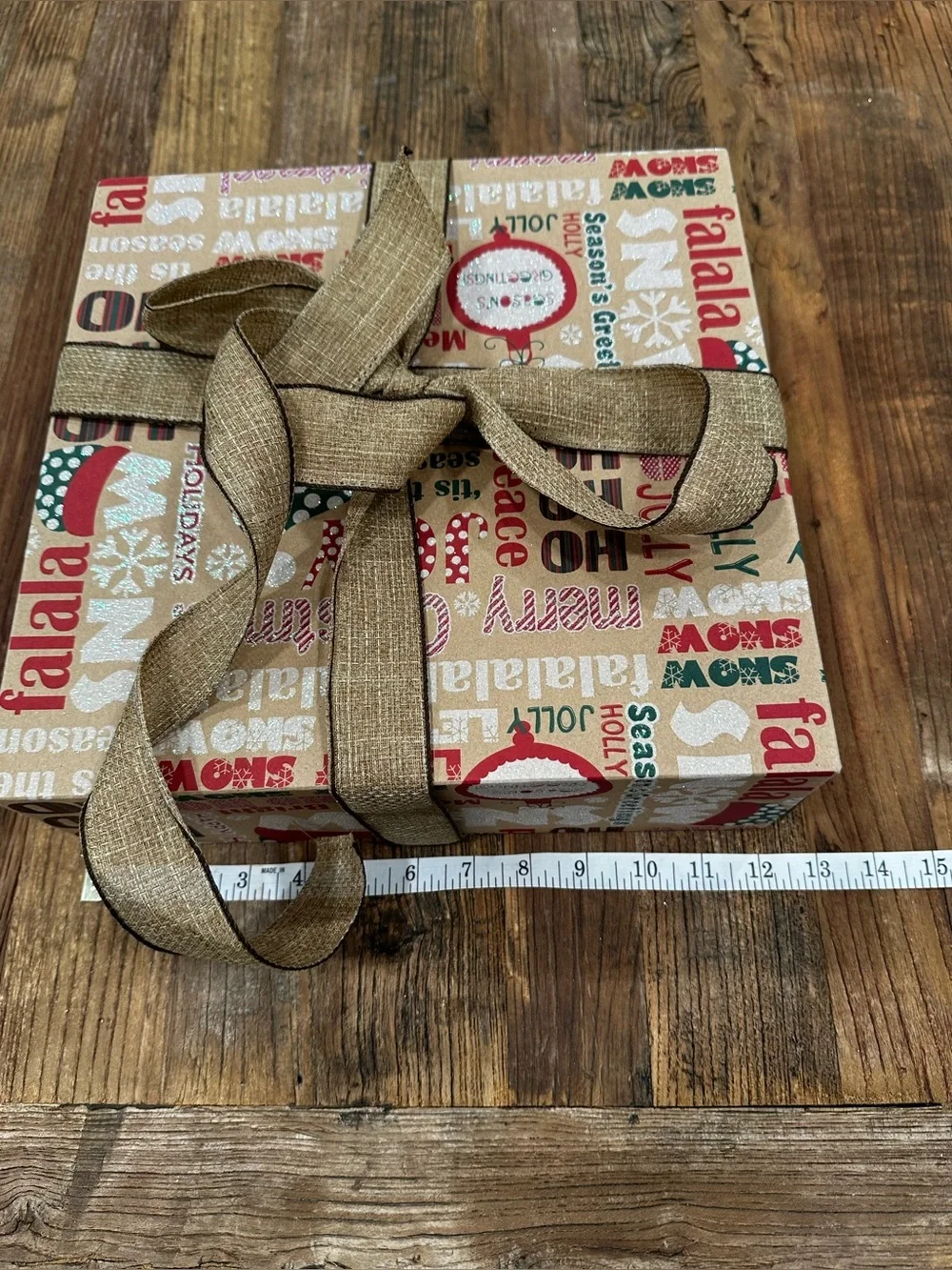 Festive 'Fa La La' Holiday Gift Box with Burlap Ribbon - Red & Green